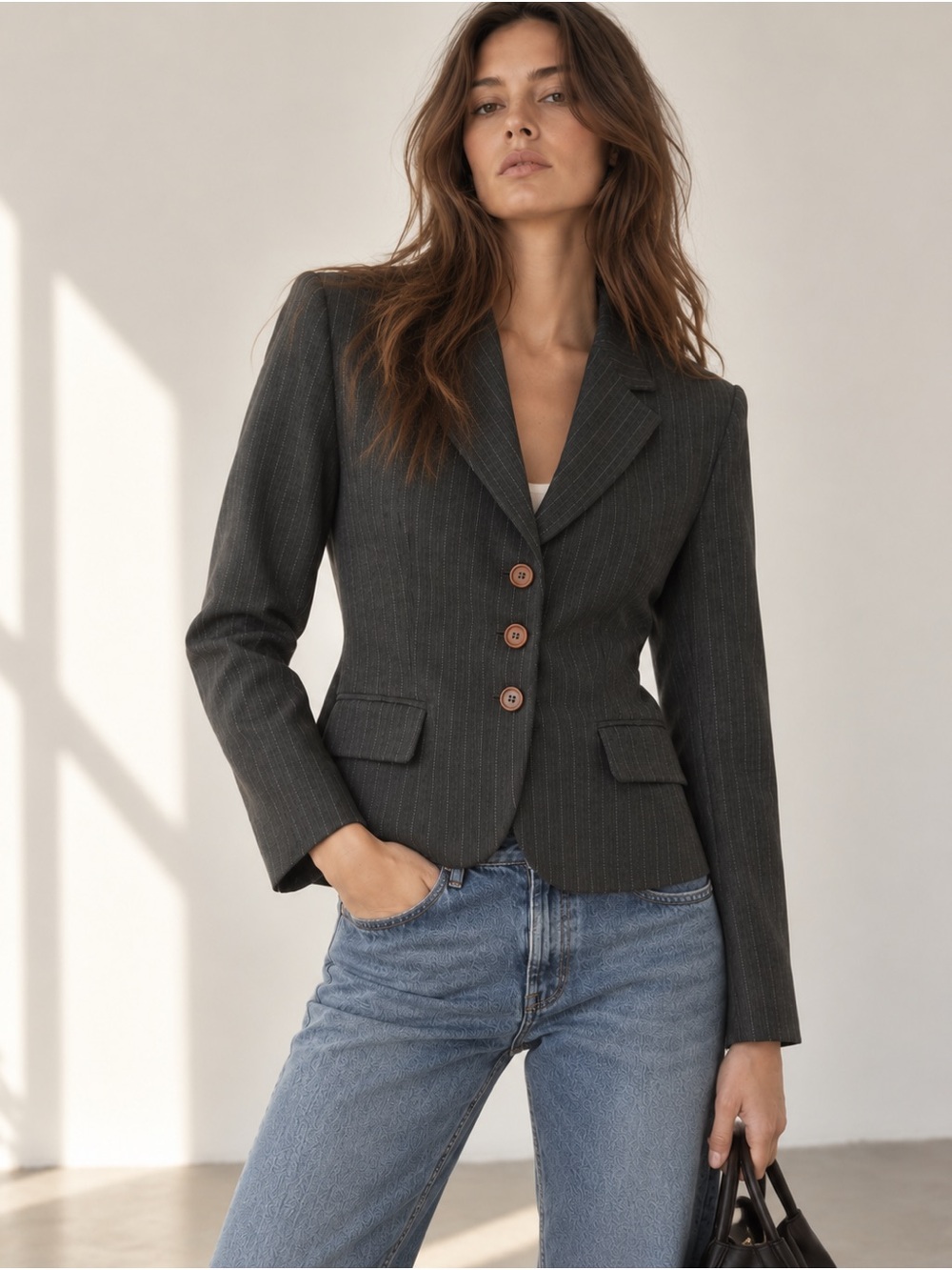 United Colors of Benetton Pinstripe 3 Button Blazer 42 S Grey Tailored Jacket
